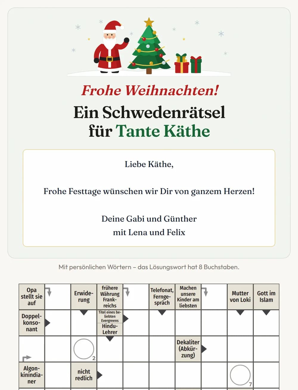 Beispiel: Weihnachtsrätsel für Tante Käthe mit Gruß und eigenen Hinweisen wie „Opa stellt sie auf“