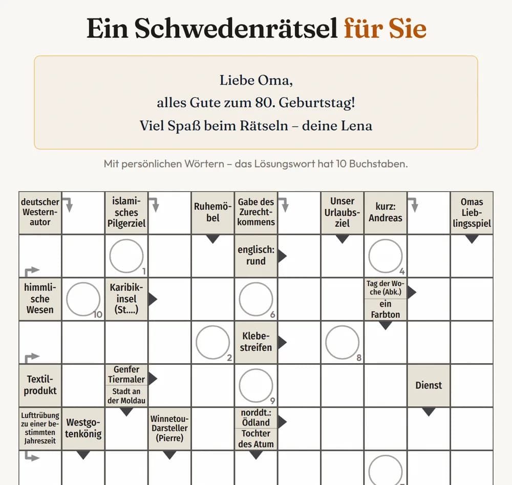 Beispiel: Geschenkrätsel zum 80. Geburtstag mit Gruß und eigenen Hinweisen wie „Unser Urlaubsziel“ und „Omas Lieblingsspiel“